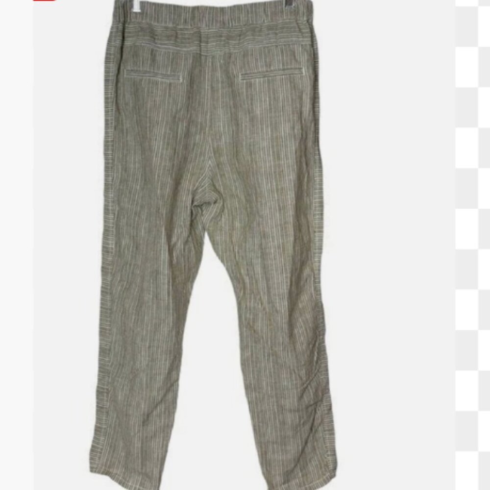 By Anthropologie Size XL Women Olive Green Stripes 100% Linen Pull on Pants - Picture 3 of 11